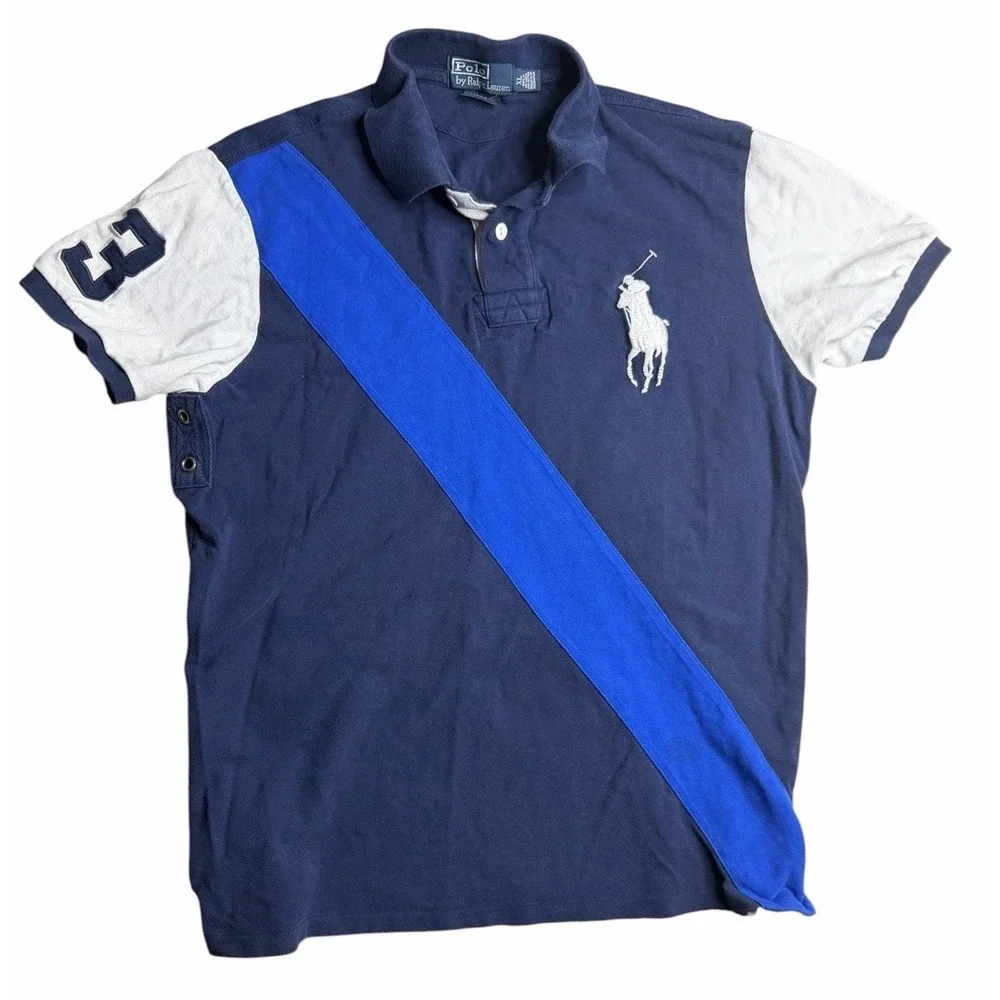 Polo Ralph Lauren Big Pony Polo Shirt XL Navy Blue Custom Fit Rugby Stripe